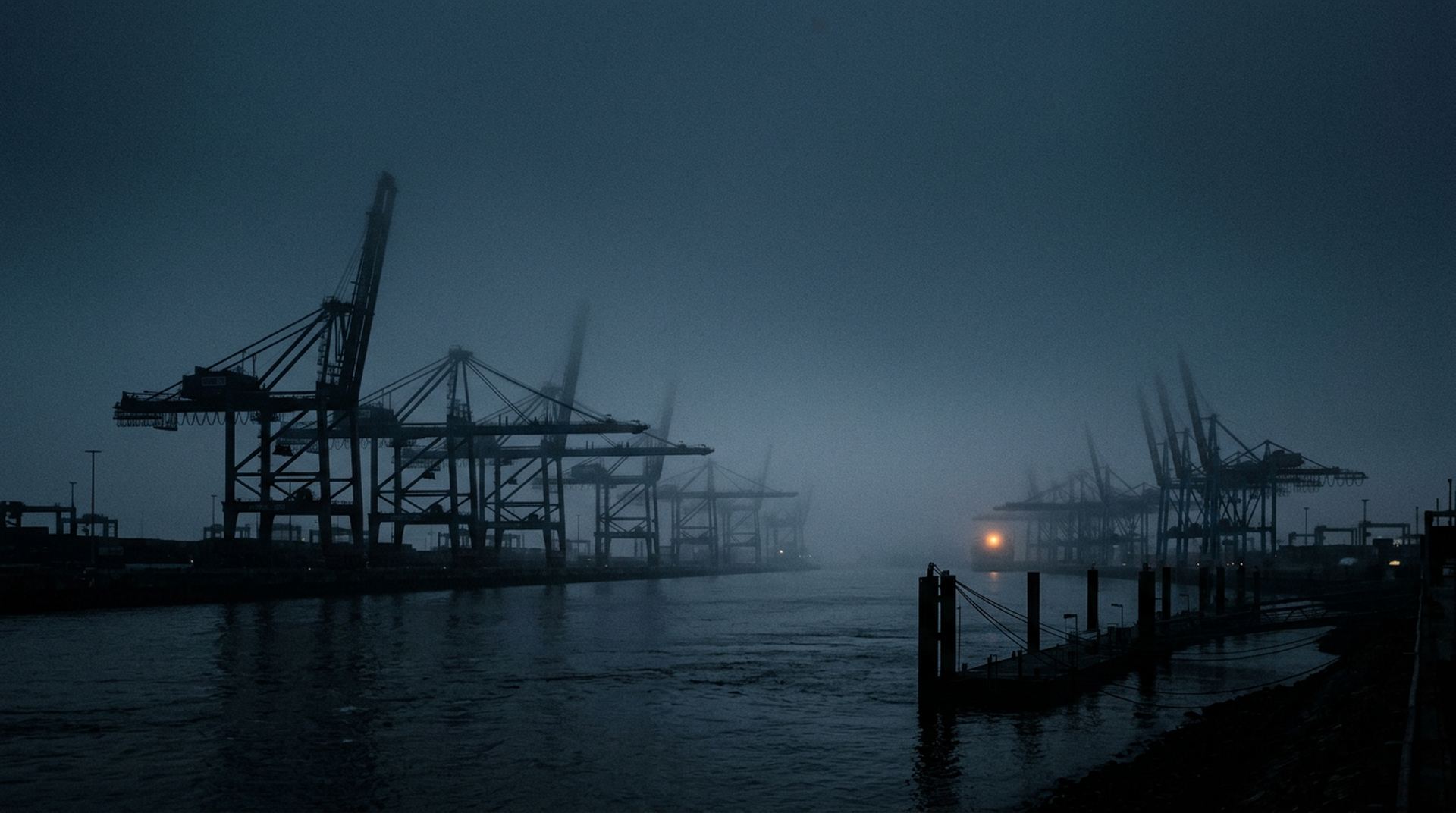 Container­kräne im Hamburger Hafen bei Nebel in der blauen Stunde