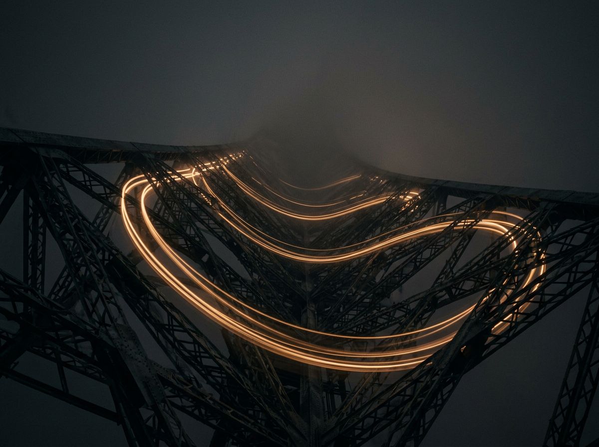 Warme Lichtspuren entlang einer dunklen Stahlkonstruktion